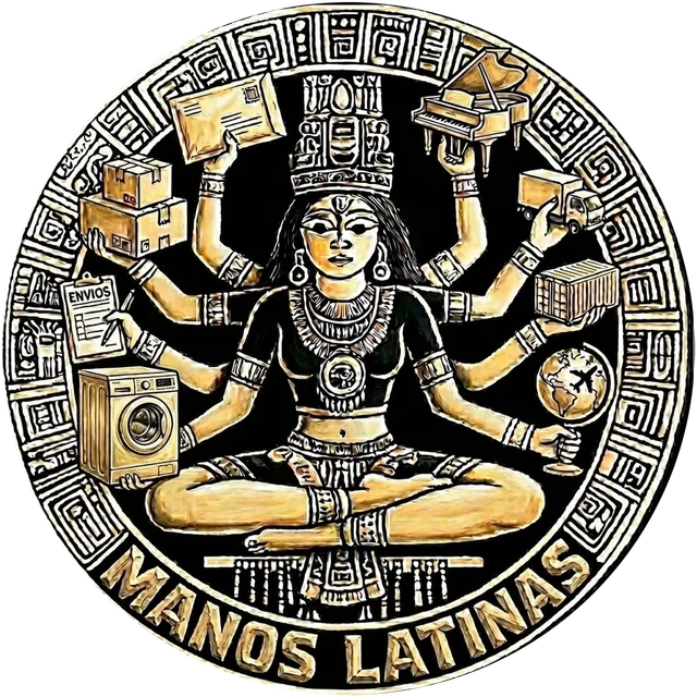 Logotipo de Manos Latinas: una figura con muchos brazos que sostiene cajas, un piano, una lavadora, un camión y un globo terráqueo